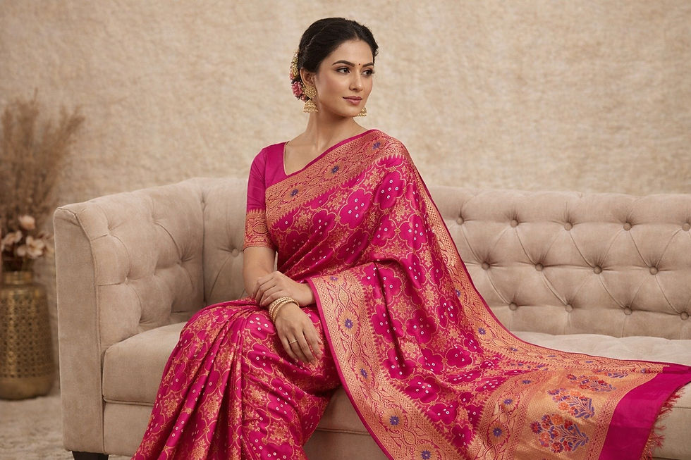 Thumbnail: Rani Pink Banarasi Silk Saree with Gold Zari Border