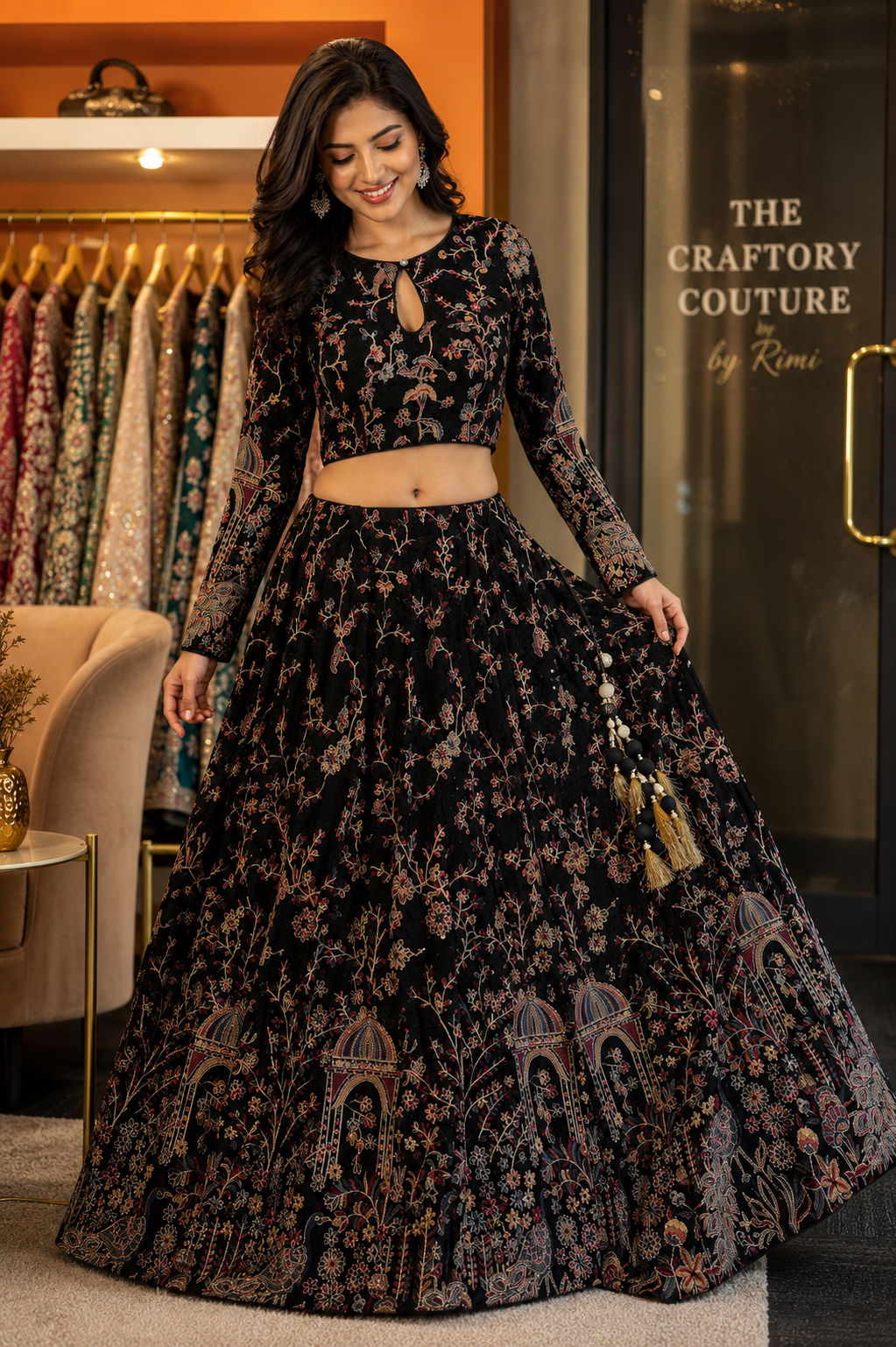 Designer Black Embroidered Lehenga with Full-Sleeve Blouse