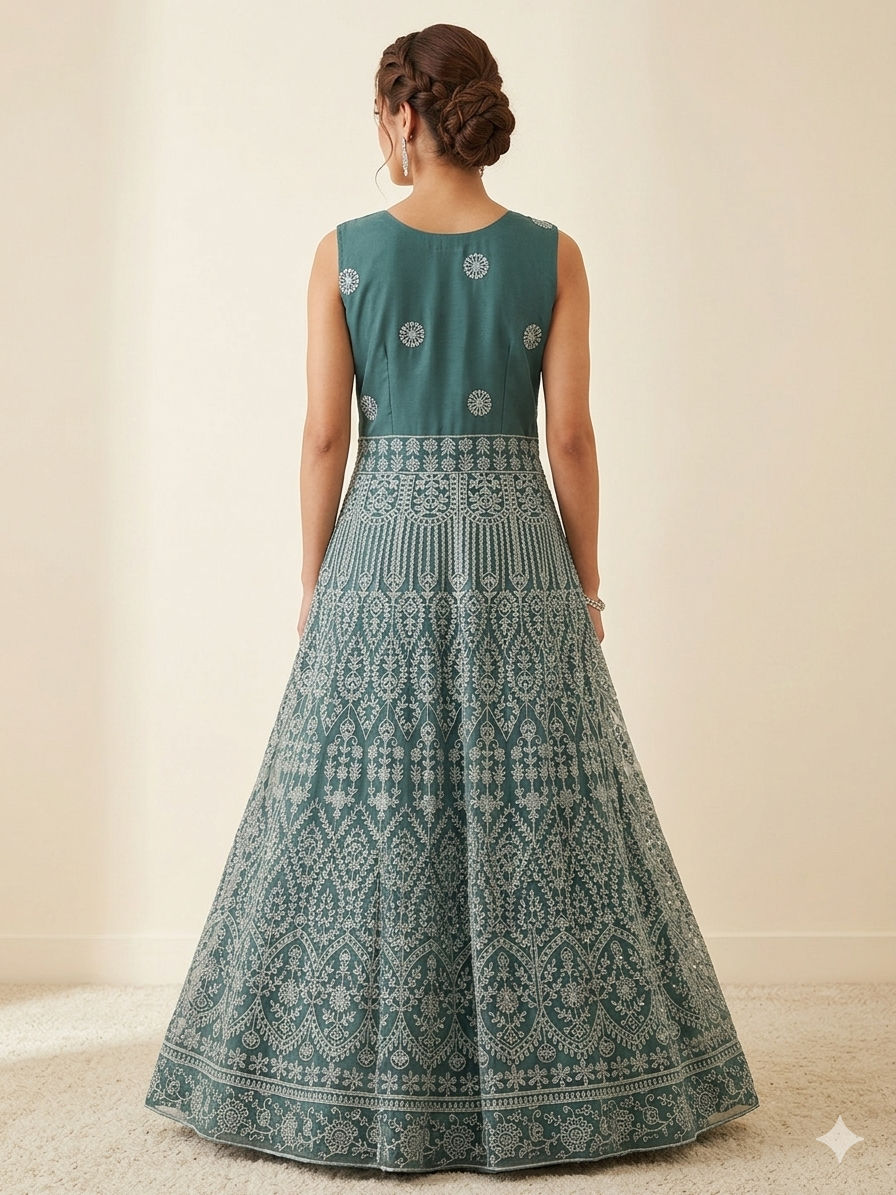 Thumbnail: Teal Green Embroidered Anarkali Gown – Elegant Festive & Occasion Wear