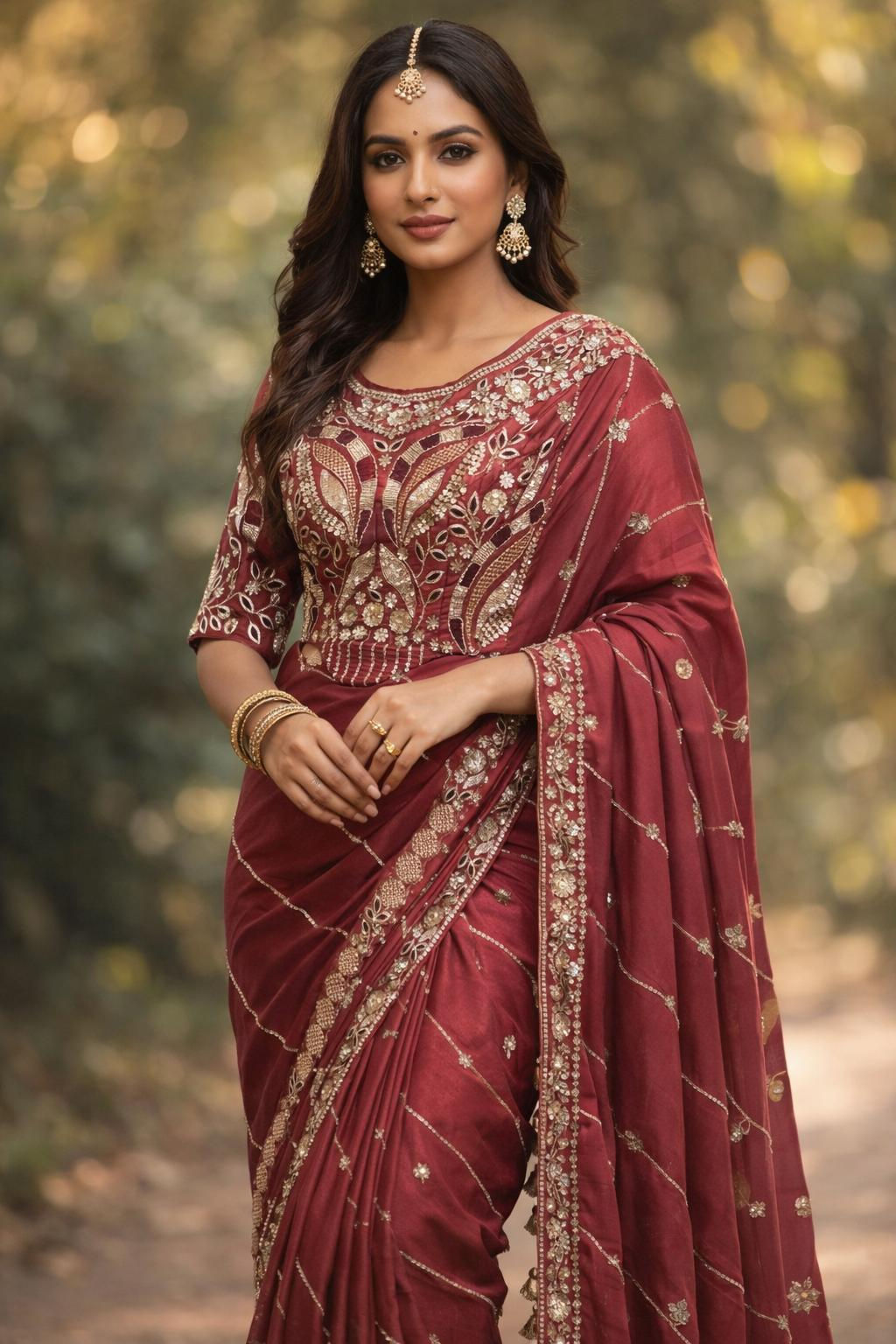 Maroon Embroidered Saree with Heavy Blouse and Zari Border