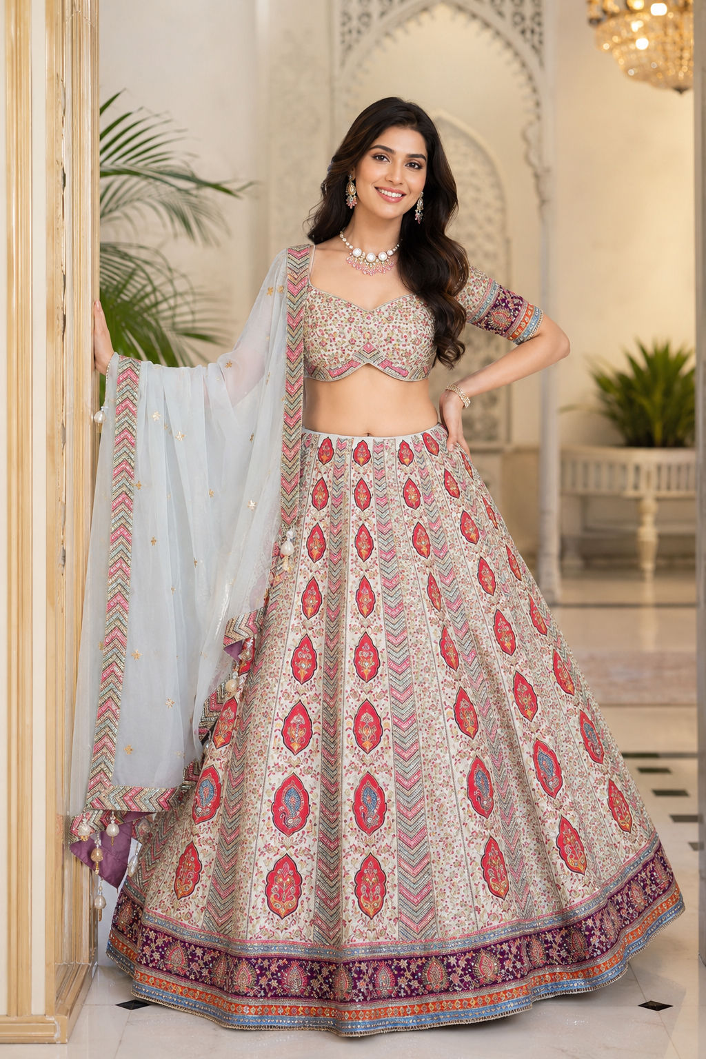 Designer Pastel Printed Lehenga Set with Embroidered Blouse & Organza Dupatta