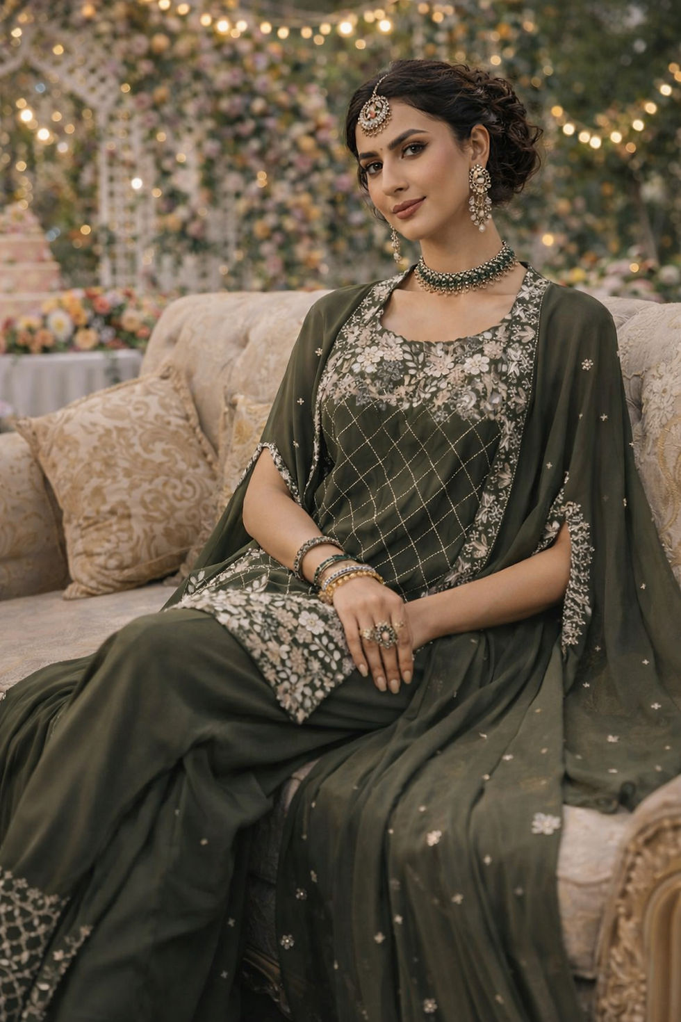 Thumbnail: Olive Green Indo-Western Embroidered Palazzo Set – Elegant Festive Couture