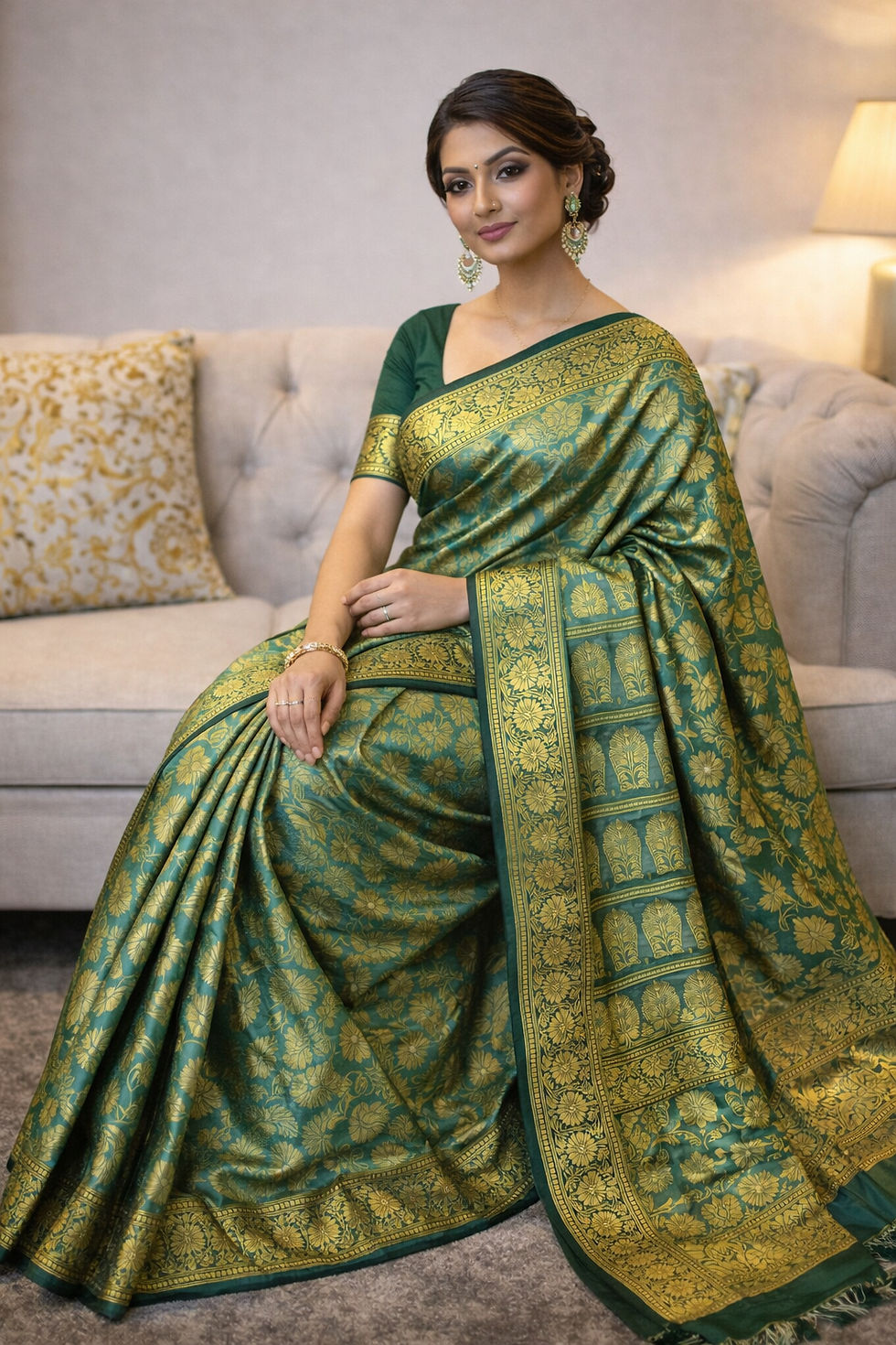 Thumbnail: Green & Gold Banarasi Silk Saree with Rich Zari Weaving