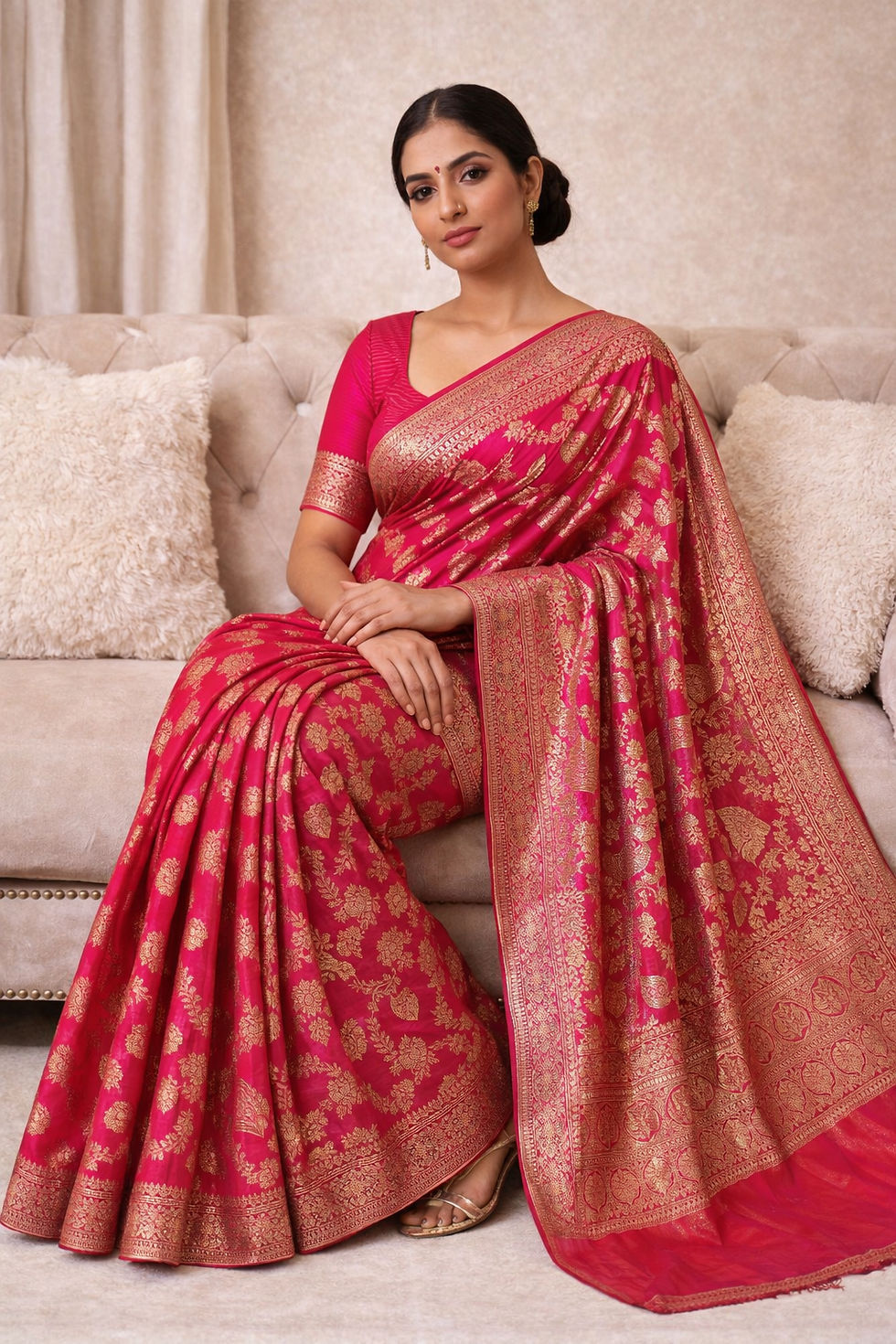 Thumbnail: Hot Pink Banarasi Silk Saree with Rich Gold Zari – Statement Festive Elegance