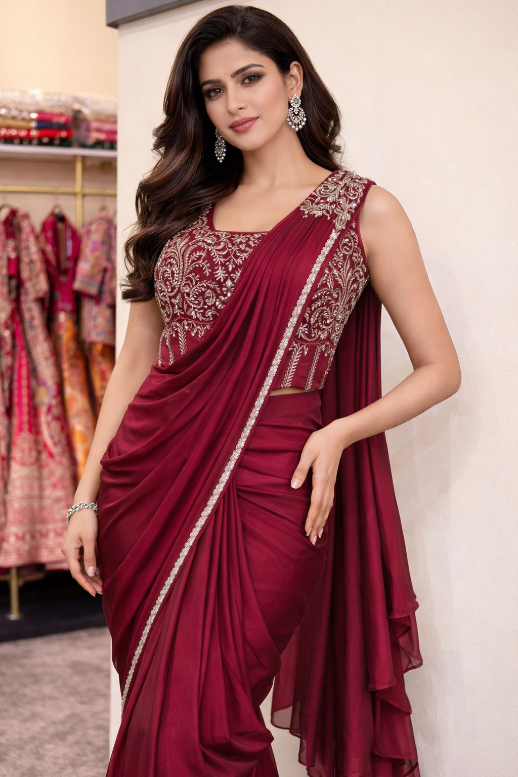 Wine Red Ready-to-Wear Designer Saree ✨