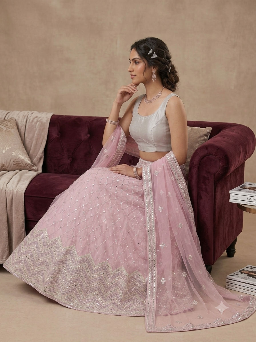 Thumbnail: Pastel Pink Mirror-Work Lehenga Set with Silver Blouse