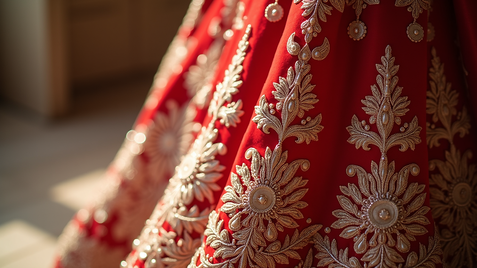 High angle view of custom bridal lehenga with intricate embroidery on display