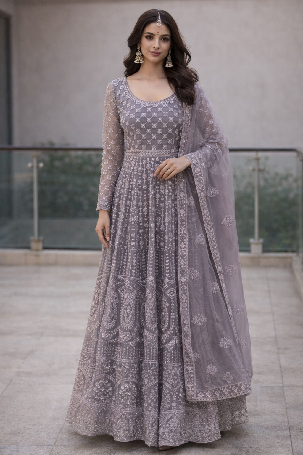 Dusty Lavender Embroidered Anarkali Gown with Dupatta