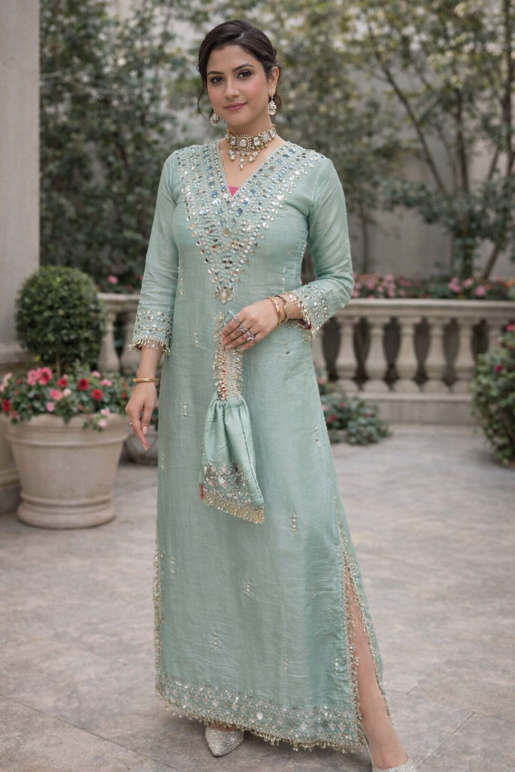 Sage Green Embroidered Straight Kurta Set with Mirror Work Detailing