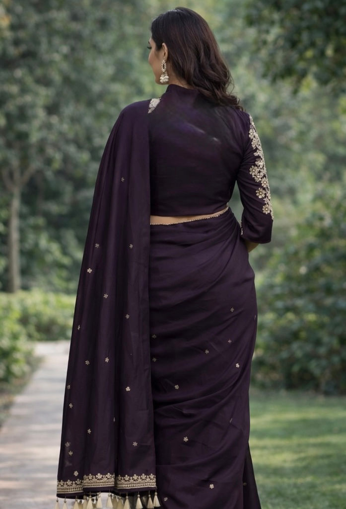 Thumbnail: Plum Embroidered Saree with Gold Detailed Blouse