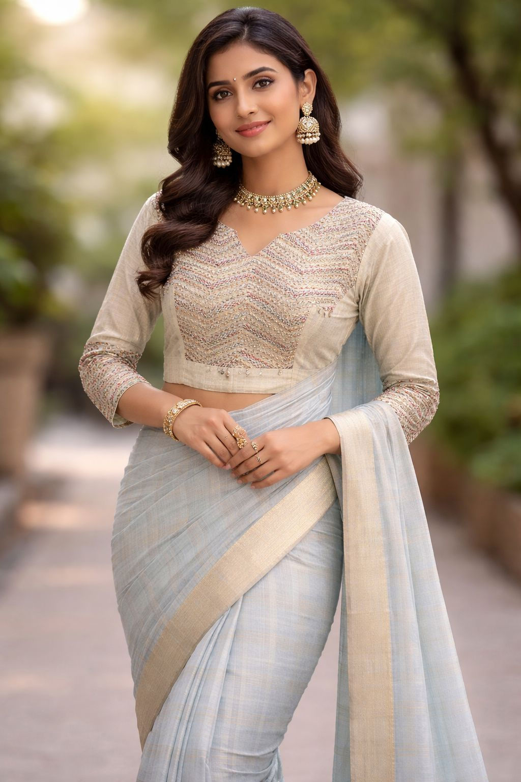 Powder Blue Saree with Hand-Embroidered Blouse