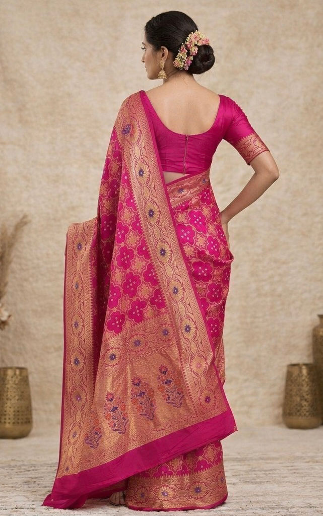 Thumbnail: Rani Pink Banarasi Silk Saree with Gold Zari Border