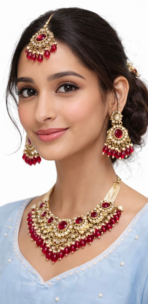 Thumbnail: Kundan Bridal Necklace Set with Ruby Red Stone Drops, Earrings & Maang Tikka
