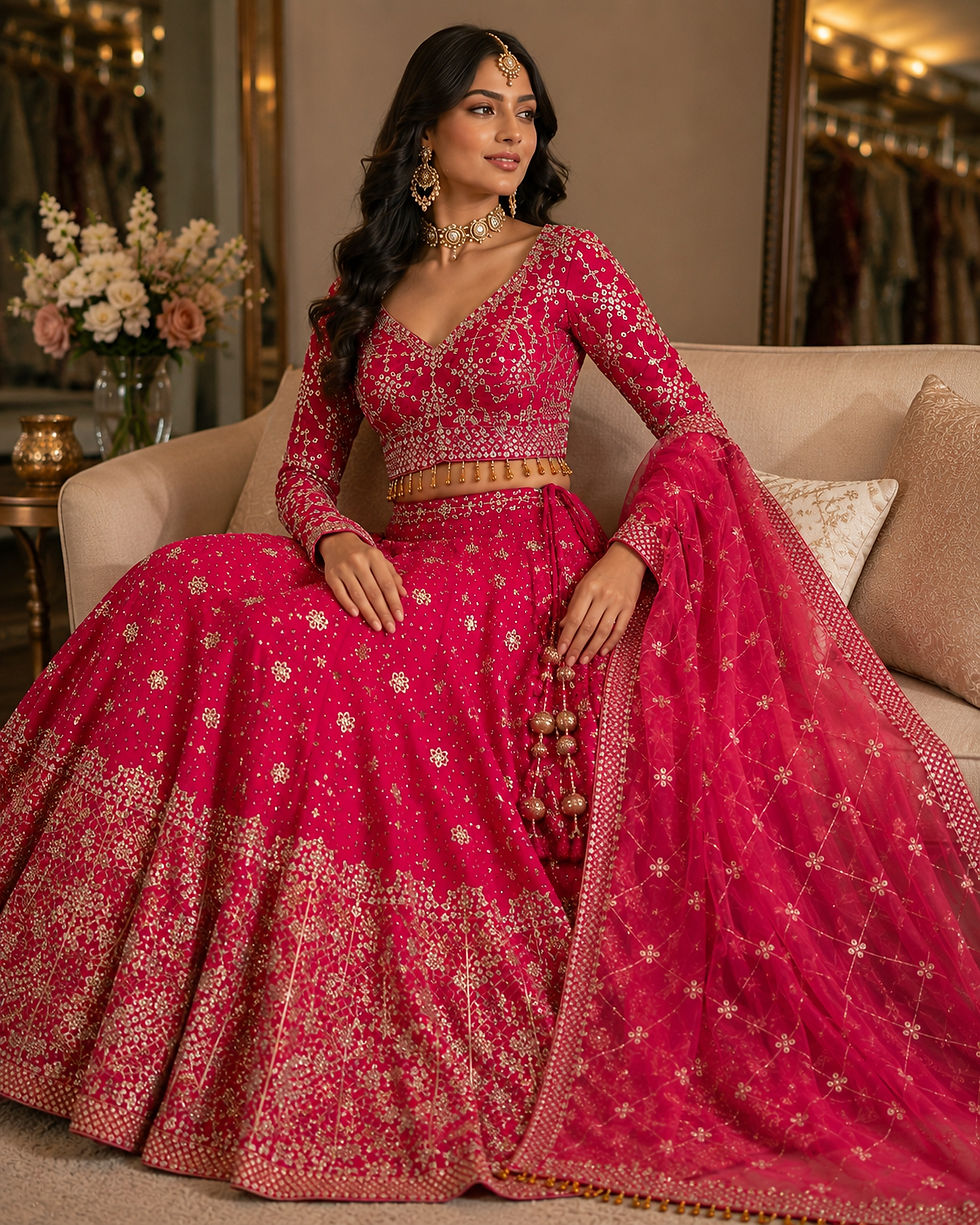 Thumbnail: Designer Fuchsia Pink Embroidered Lehenga Set with Full-Sleeve Blouse