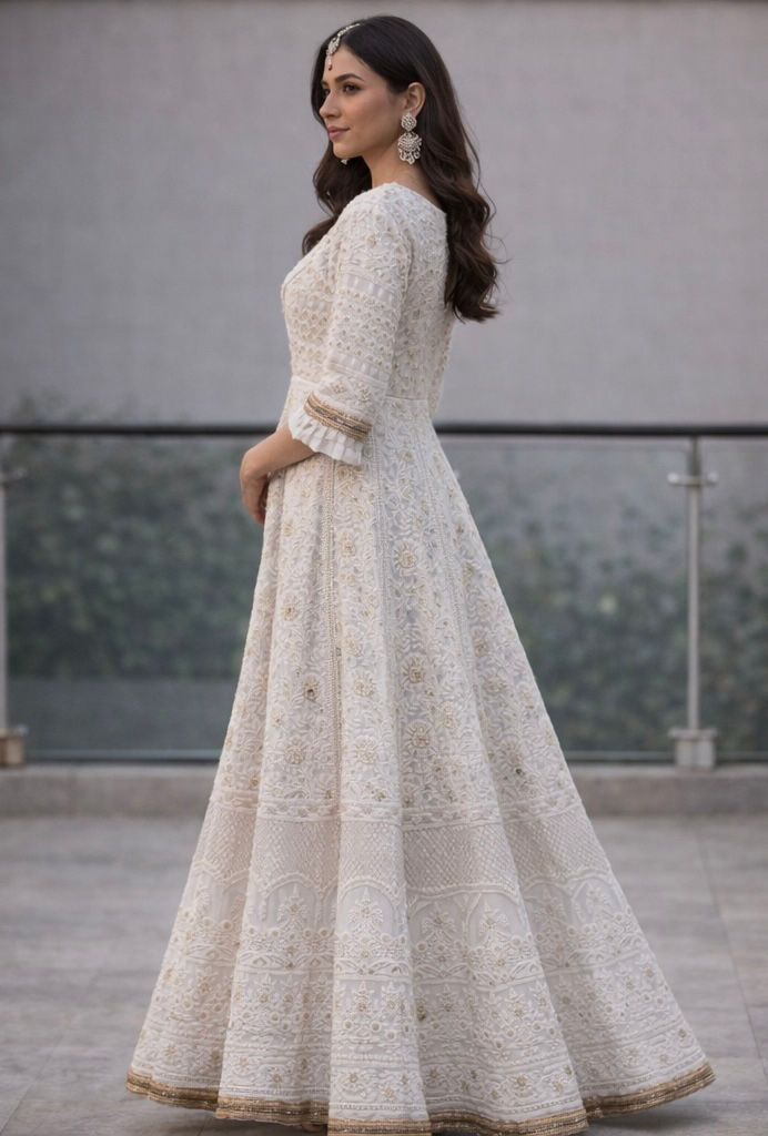 Thumbnail: Ivory Chikankari Embroidered Anarkali Gown – Handcrafted Elegance for Timeless O