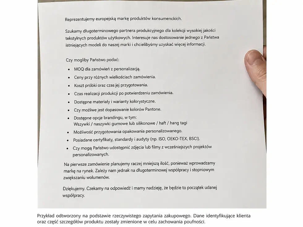 Anonimowy przykład zapytania zakupowego do fabryki w Chinach dotyczącego MOQ, próbki, materiałów, brandingu i produkcji.