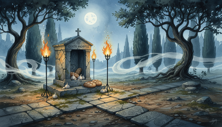 Wide-angle view of a moonlit stone crossroads with three torches burning beside an old shrine.
