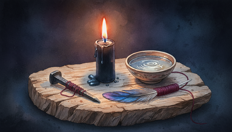 Close-up of a dark altar with a black candle, iron nail, red thread, and raven feather.