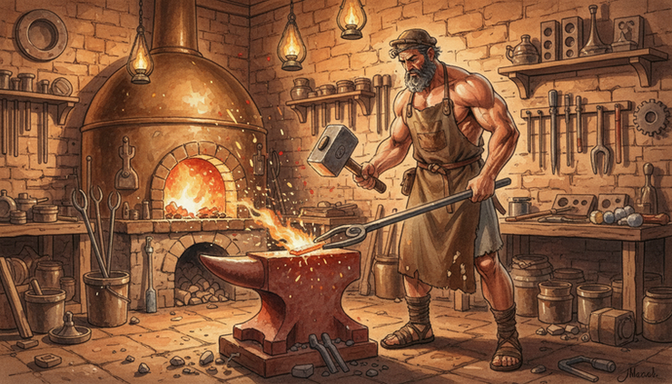 Wide-angle view of Hephaestus working beside a glowing forge in an ancient Greek workshop.