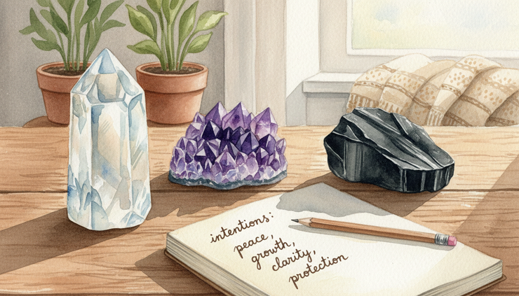 Eye-level view of three beginner crystals arranged beside an open notebook.