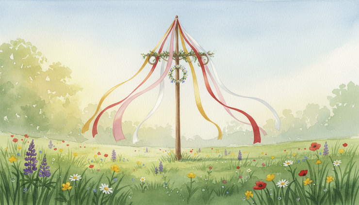 Low-angle view of a flower-crowned Maypole with colorful ribbons in a grassy meadow