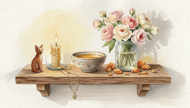 Eye-level view of a small home altar for Freja with honey, flowers, amber, and a cat figurine.
