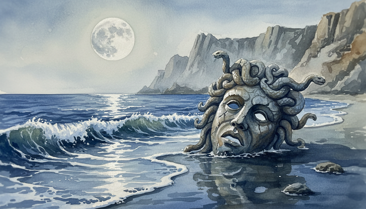 Wide-angle view of a moonlit Greek shoreline with a stone Gorgon mask resting near dark waves