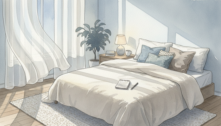 Wide-angle view of a quiet bedroom with moonlight and a notebook on the blanket
