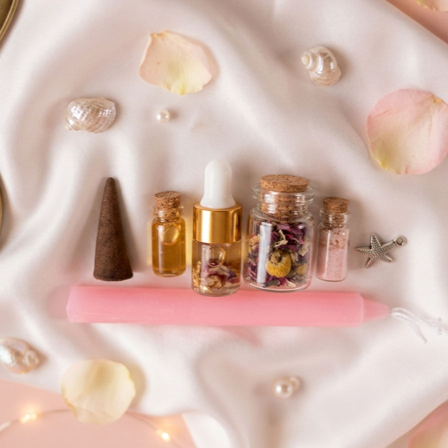 Witch ritual kit with herbs, oils, and pink candle