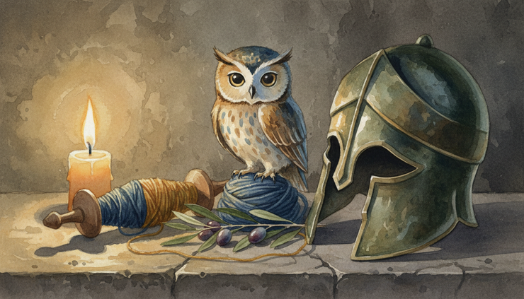 Close-up view of an owl resting beside a bronze helmet and spindle.