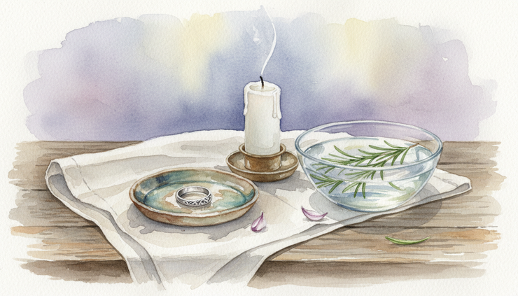 Close-up view of a silver ring resting near a candle and a bowl of water