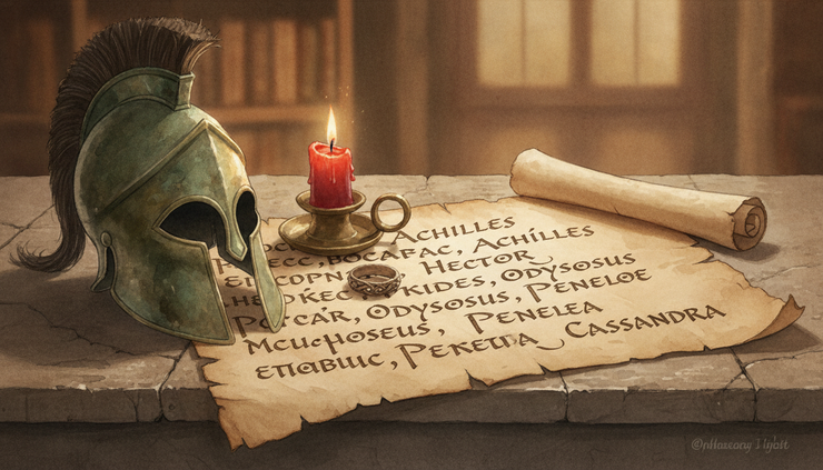 Eye-level view of a parchment page listing Greek epithets beside a bronze helmet.