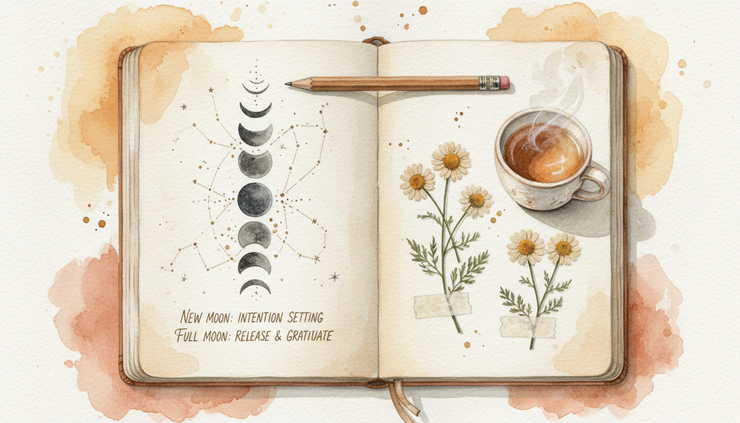 Eye-level view of a journal page with moon phases and handwritten notes