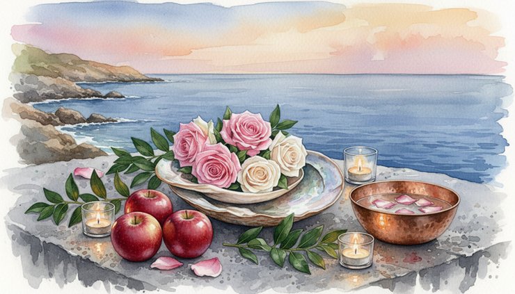 Close-up of seashells, roses, apples, and myrtle arranged on a stone altar.
