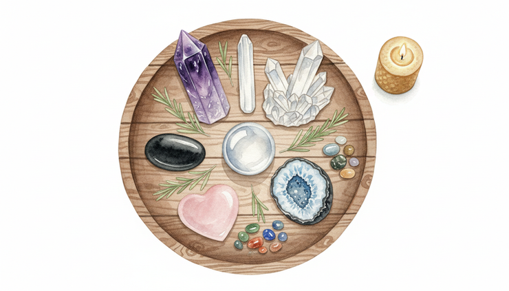 Overhead view of crystal shapes arranged in a circle on a wooden tray.
