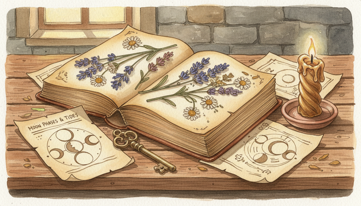 Eye-level view of an old open book beside dried flowers and a brass key