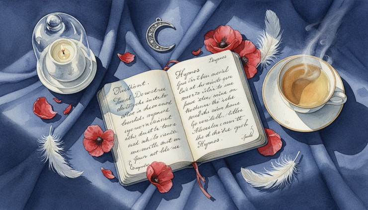 Overhead view of an open dream journal beside a candle and scattered poppy petals