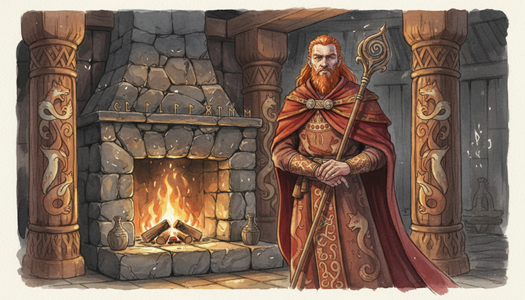 Wide-angle view of a red-haired trickster figure standing near a Norse hearth.