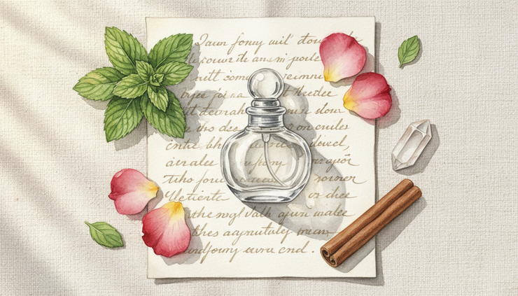 Overhead view of a small perfume bottle on handwritten paper with herbs around it