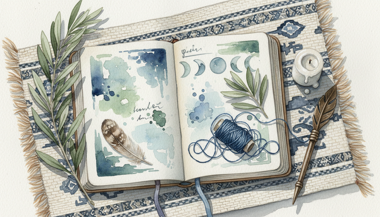 Overhead view of a journal page with an owl feather, thread, and candle.