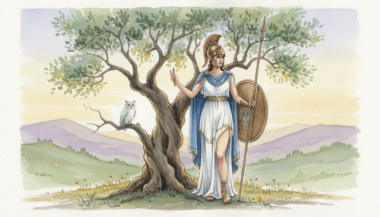 Wide-angle view of Athena standing beside an olive tree at dawn.