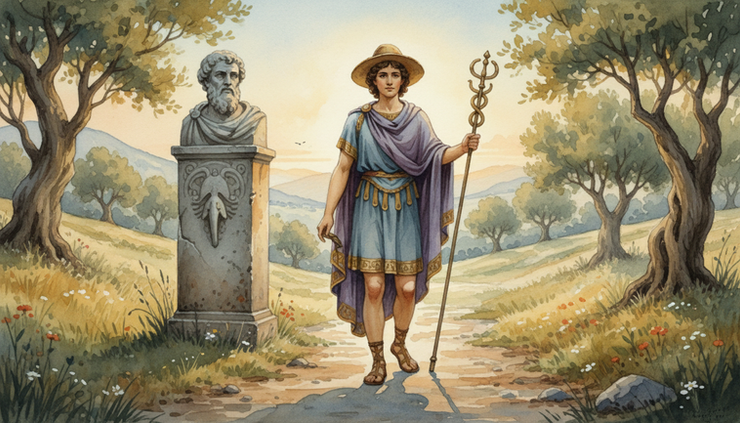 Eye-level view of a youthful Hermes standing beside a stone boundary marker on a country road.