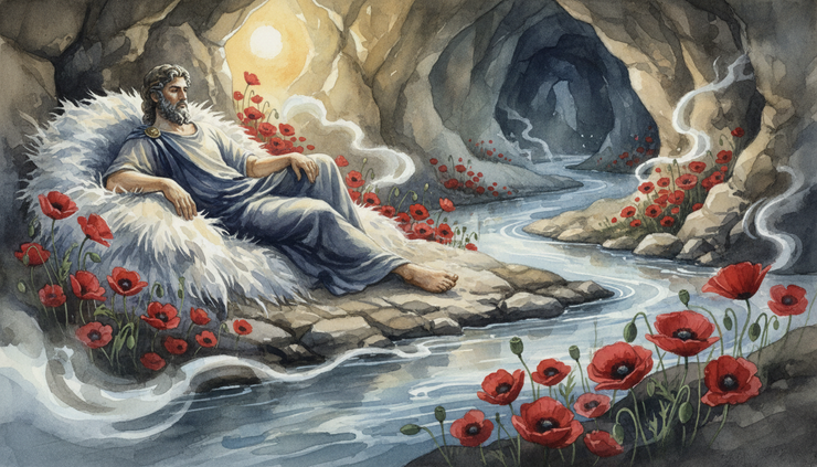 Wide-angle view of Hypnos resting in a shadowed cave filled with poppies and soft golden light