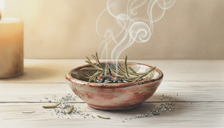 Close-up of dried rosemary smoke rising from a ceramic dish