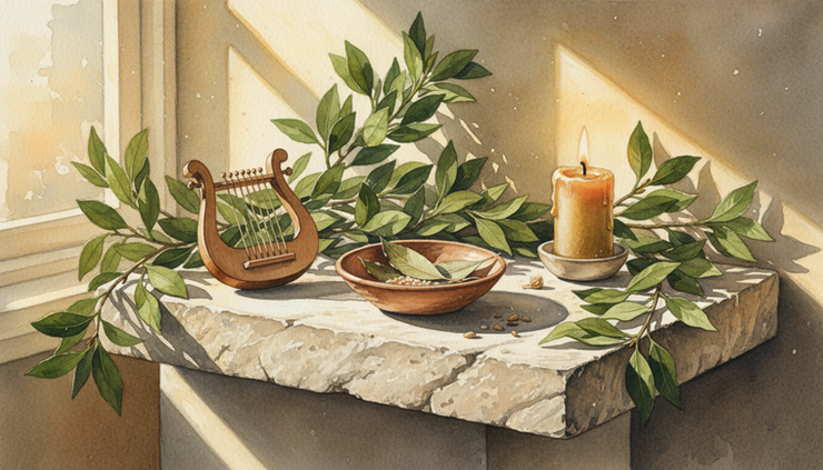 Wide-angle view of a sunlit altar for Apollo with laurel, a lyre, and a golden candle.