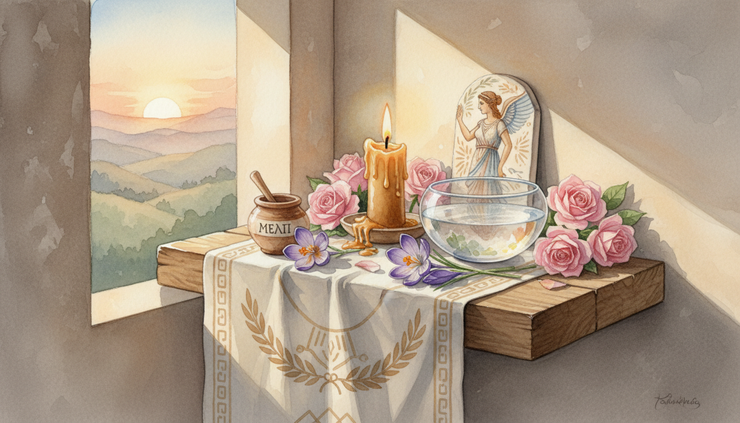 Close-up view of a small dawn altar with a saffron candle and bowl of water.