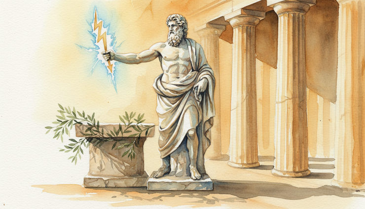 Eye-level view of a marble statue of Zeus holding a thunderbolt near an altar.