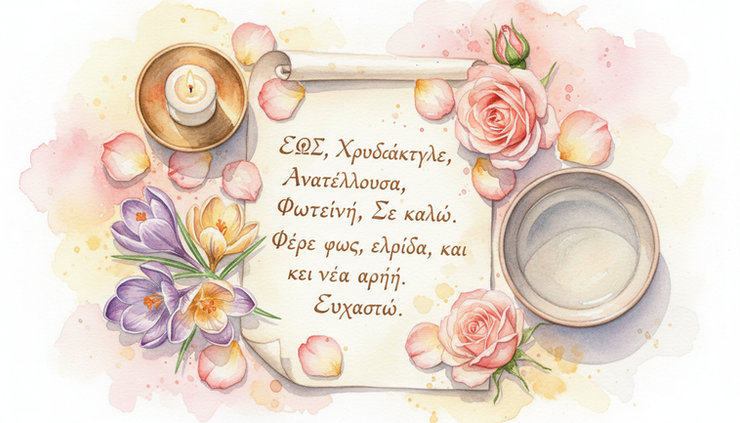 Overhead view of a handwritten dawn prayer beside rose petals and a candle.
