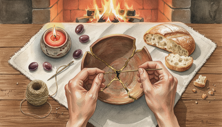 Overhead view of hands repairing a clay bowl beside a candle and simple offerings.