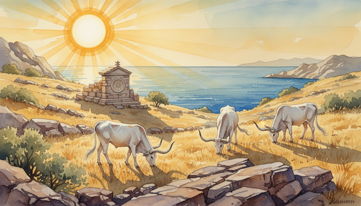 Eye-level view of sacred cattle grazing on a sunlit Greek island